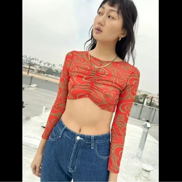 NEW Lisa Says Gah Elenor Ruched Centre Wild Hearts Long Sleeve Mesh Crop Top - Picture 2 of 10